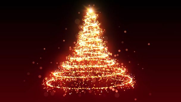 Gouden glitter kerstboom met sprankelend licht. Glanzende gouddeeltjes en sprankelende spiraalvormige intro template op zwarte achtergrond. Luxe magie feestelijk effect met bokeh en gloed. Stof spoor 3D renderen - Foto, afbeelding