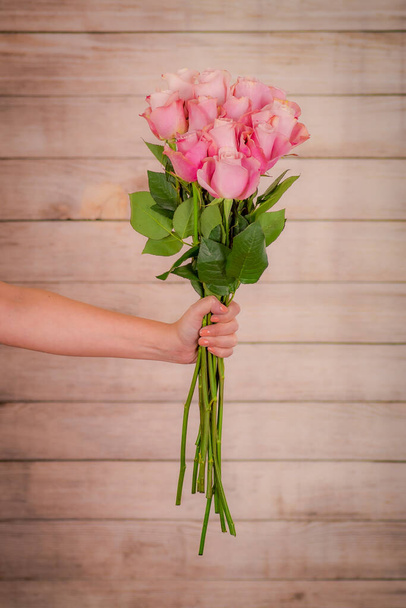 Women hand holding a bouquet of Secret Garden roses variety, studio shot, pink flowers - Foto, imagen