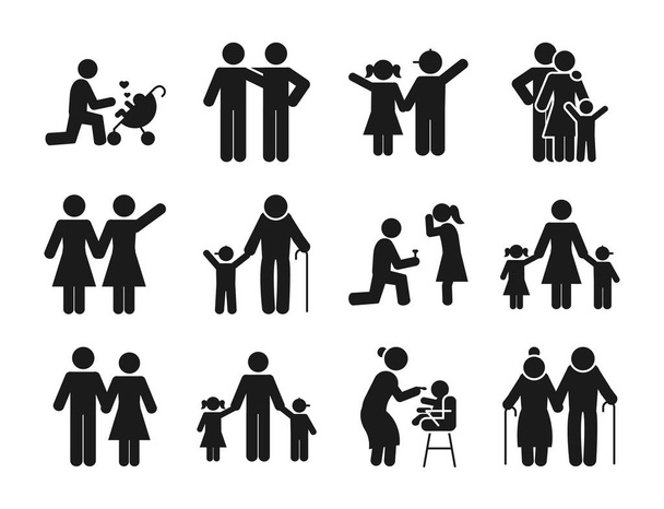 piktogram emberek és családi ikon készlet, sziluett stílusban - Vektor, kép