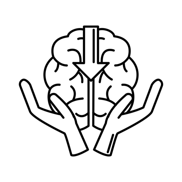 アルツハイマー病、手の脳を保持し、精神的な人間の能力ラインスタイルのアイコンの減少 - ベクター画像