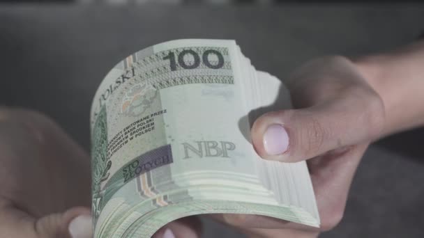 A very close view of young hands holding a bundle of new banknotes and fanning them just above the desk top. A very close view of female hands fanning new banknotes just above the desk top during a commercial transaction. - Metraje, vídeo