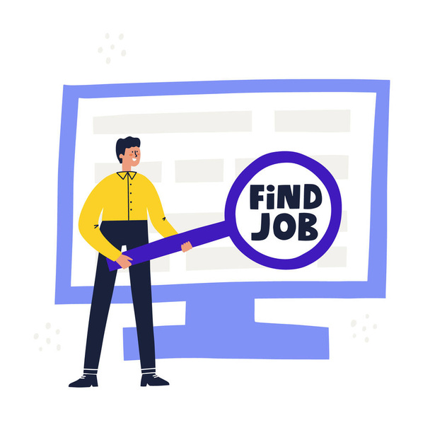 Man searching new  job on a computer after dismissal. Hand drawn vector illustration. Find job concept. - Vector, Image