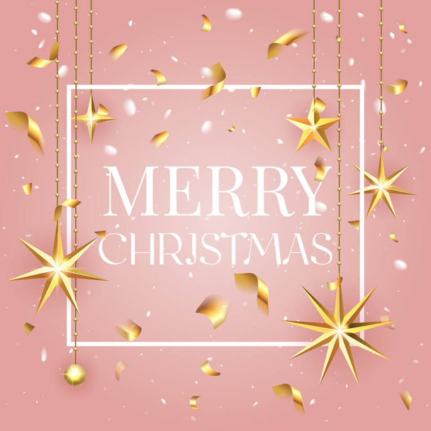 Luxury elegant Merry Christmas holiday background greeting card. Golden decoration ornament with Christmas stars on soft pink background with snow pattern. Calligraphy lettering Christmas. Vector. - Vetor, Imagem