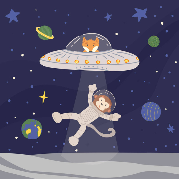 Lustiger Alien-Fuchs im UFO mit Lichtstrahl aus Raumschiff entführt Affen-Astronaut vom Mond. - Vektor, Bild