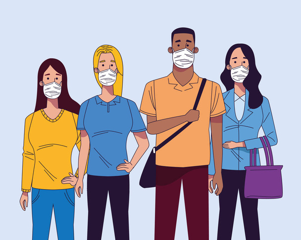 молодые межрасовые люди в медицинских масках
 - Вектор,изображение