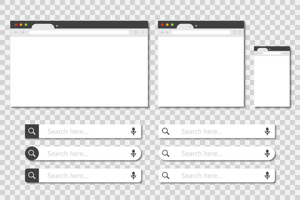 Set van browservensters in verschillende maten en zoekbalk collectie in een plat ontwerp met schaduw. Mockup van het browservenster - Vector, afbeelding