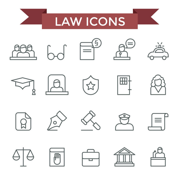 Törvény ikonok, vékony vonalú lapos kialakítás - Vektor, kép