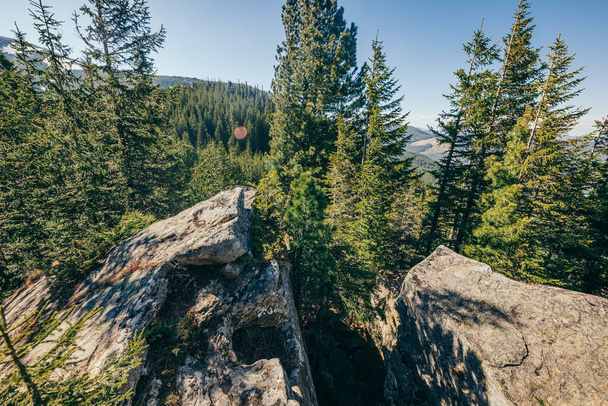 Un primer plano de una montaña rocosa con árboles en el fondo
 - Foto, Imagen
