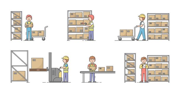 Warehouse Concept. Set Of Workers At Work On Warehouse. Characters Sort, Pack And Shipment Cargo Using Equipment. Warehouse With Boxes On Rack. Cartoon Linear Outline Flat Style Vector Illustration - Διάνυσμα, εικόνα