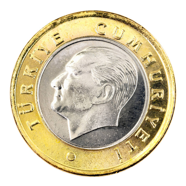 Jedna moneta turecka Lira (z tyłu) Odizolowana na białym tle - Zdjęcie, obraz