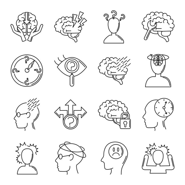 alzheimer ziekte, afname van mentale menselijke vaardigheden pictogrammen set line stijl - Vector, afbeelding