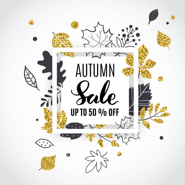 Cartaz de modelo de venda de outono, cor preta e dourada, estilo desenhado à mão, ilustração vetorial
 - Vetor, Imagem