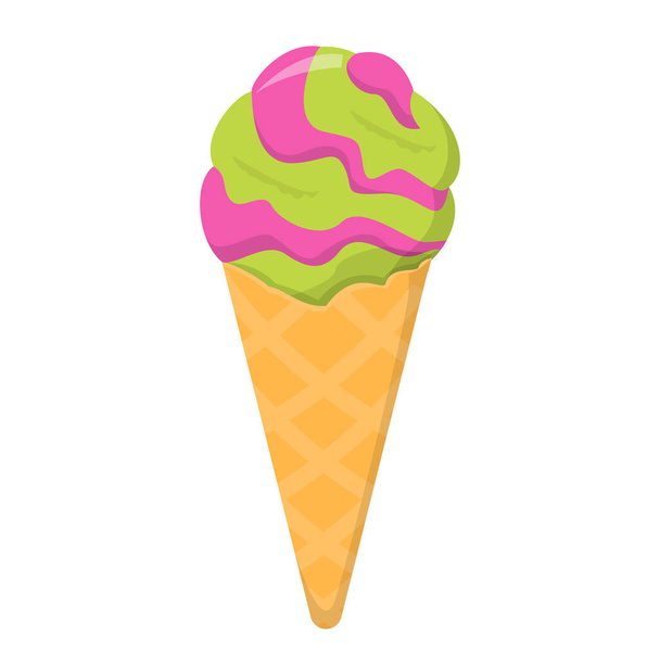Ice cream vector isolated. Sweet cold dessert, pistachio and berry taste. Colorful frozen snack, delicious food. - Vector, Image