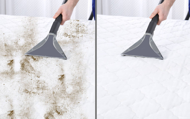 Man disinfecting mattress with vacuum cleaner, closeup. Before and after cleaning - Foto, immagini