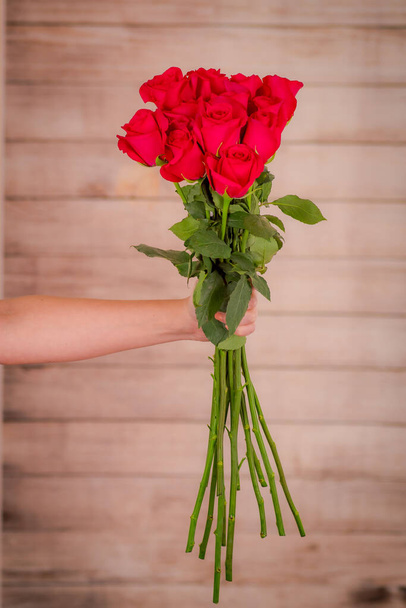 Women hand holding a bouquet of Hot Explorer roses variety, studio shot. - Photo, image
