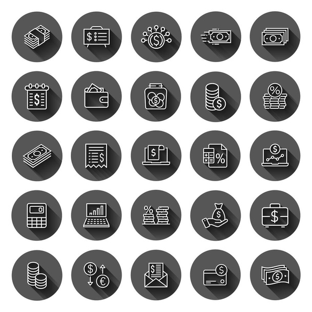 Money finance icon set in flat style. Payment vector illustration on black round background with long shadow effect. Currency budget circle button business concept. - Vector, Image