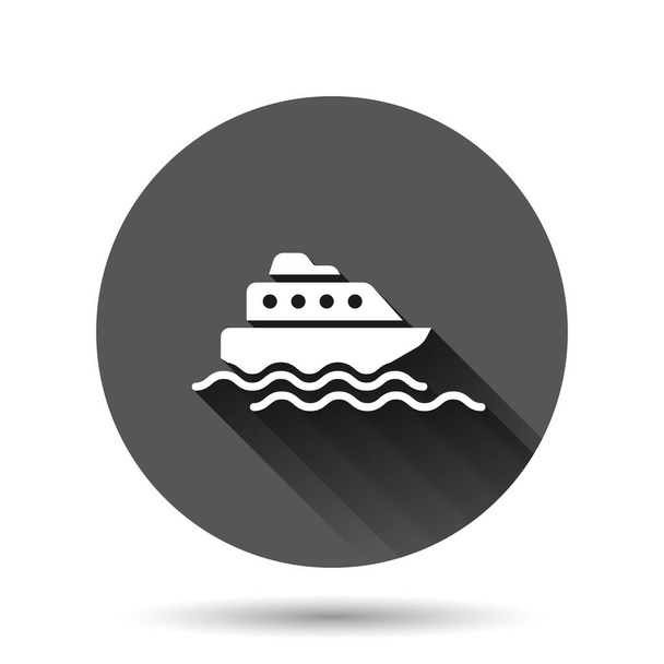 Turizm gemisi simgesi düz stil. Siyah yuvarlak arka planda uzun gölge efektli balıkçı teknesi çizimi. Tanker hedef çember iş kavramı. - Vektör, Görsel