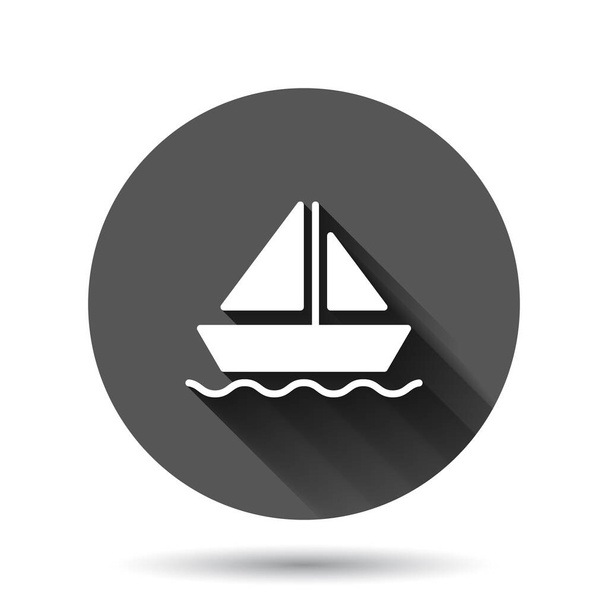 Іконка туристичного корабля у плоскому стилі. Рибальський човен Векторні ілюстрації на чорному круглому тлі з довгим ефектом тіні. Концепція бізнесу кругової кнопки танкера
. - Вектор, зображення