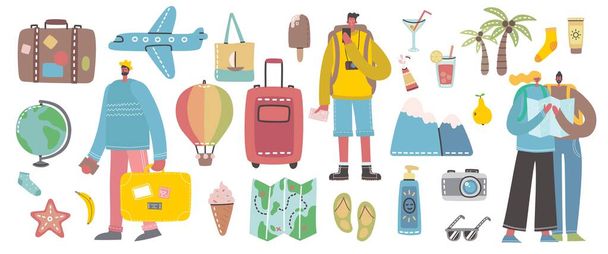 Big bundle of travel and summer holiday related objects and icons. For use on poster, banner, card and pattern collages. Modern vector flat style illustration - Vector, Imagen