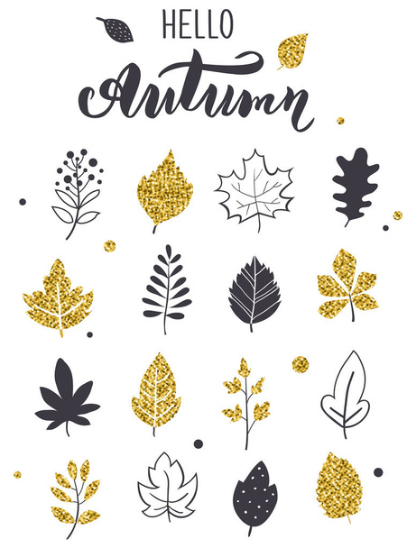 Hojas de otoño, colores negro y dorado, estilo dibujado a mano
 - Vector, Imagen