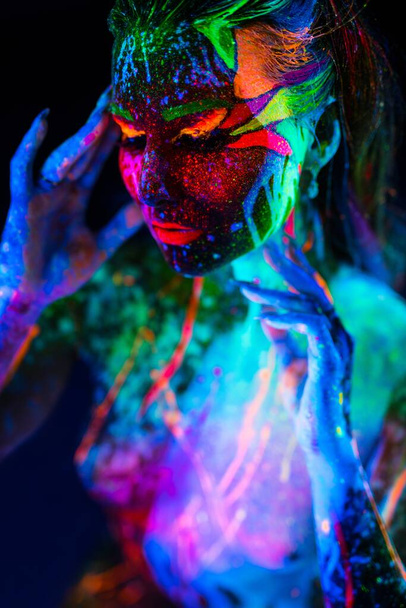 topless woman with fluorescent bodyart portrait - Photo, Image