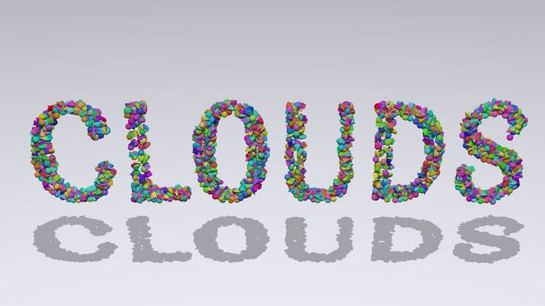 nuvens escritas em ilustração 3D por pequenos objetos coloridos lançando sombra sobre um fundo branco
 - Foto, Imagem