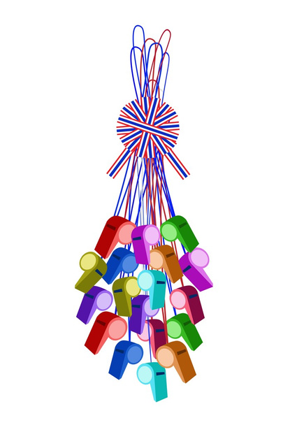 Set of Whistles Hanging on A Stripe Ribbon - Vector, Image