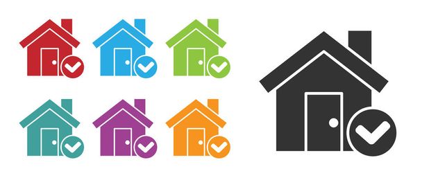 Black House with check mark icon isolated on white background. Real estate agency or cottage town elite class. Set icons colorful. Vector Illustration - Vector, Image