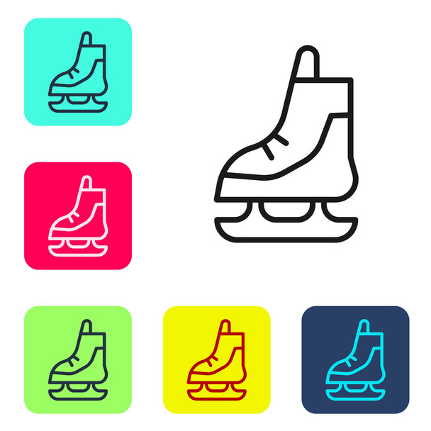 Значок чорної лінії Ковзани ізольовані на білому тлі. Значок взуття для катання на ковзанах. Спортивні черевики з лопатями. Встановити піктограми у квадратних кнопках кольорів. Векторна ілюстрація
 - Вектор, зображення