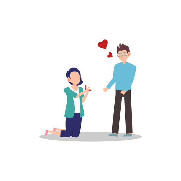 Cartoon karakter illustratie van gelukkig paar en minnaar. Huwelijksaanzoek van vriendin aan vriend. Een vrouw knielt om een man een diamanten ring te geven. Kan gebruikt worden voor websites, webdesign, mobiele app. - Vector, afbeelding