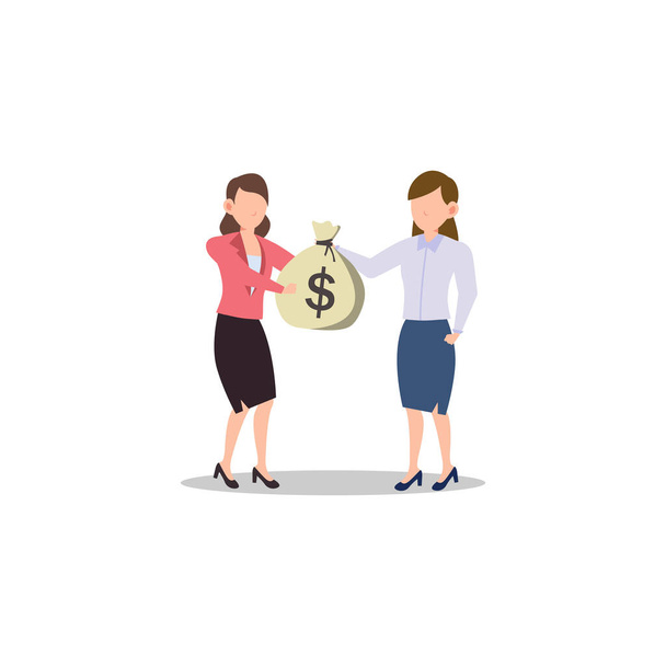 Cartoon character illustration of business friend helping each other. Business woman giving cash in bag to other business woman who failed. Flat design concept isolated on white background. - Vector, imagen
