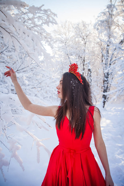Queen in a red crown among the winter forest. Lovely girl in a - Fotó, kép