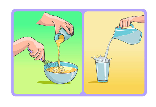 Mengsel van eieren, beslag of melk voor pannenkoeken of gebak, gieten van melk - Vector, afbeelding