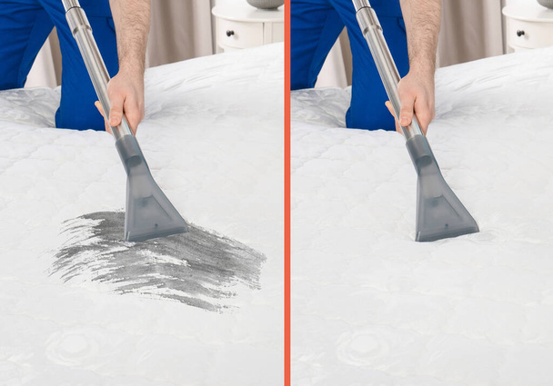 Man disinfecting mattress with vacuum cleaner, closeup. Before and after cleaning - Photo, image