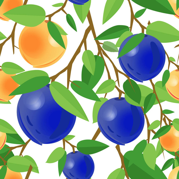 Ripe apricots and plums on branch with leaves. Seamless pattern for textile industry, textures, pillows, posters, t-shirts or print design. Cartoon vector illustration of fruits on white background - Vector, Image