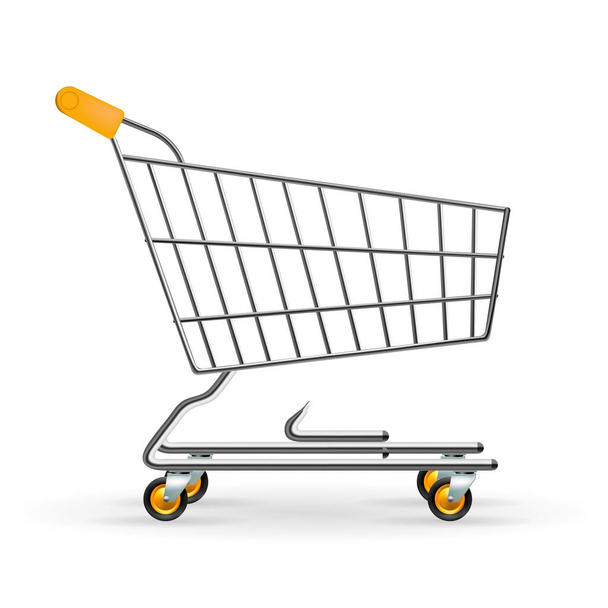 Realistic Shopping cart. Glossy metallic pushcart. Supermarket trolley. Real steel shop equipment. Side view shopping staff. Vector illustration. - Vector, Image