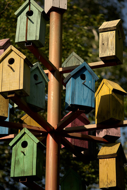 公園を背景にした金属製のポールにカラフルな鳥の家がたくさんあります。都市化と人口過剰の概念。明るい多色の木造住宅-鳥の家. - 写真・画像