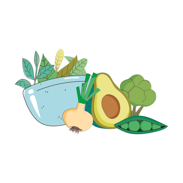 アボカド玉ねぎブロッコリーエンドウ豆新鮮な市場有機健康食品野菜 - ベクター画像