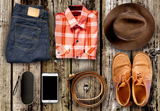 Overhead view Men casual outfits on wood background - Photo, Image