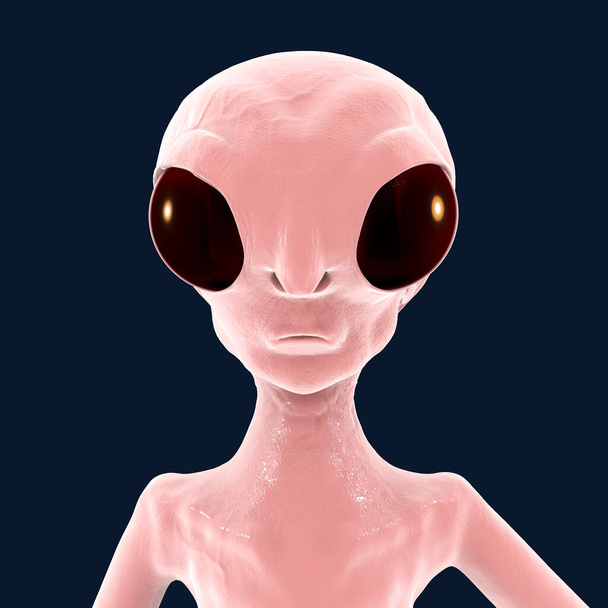 Extraterrestrial humanoid creature, Alien character, UFO visitor, 3D illustration - Fotoğraf, Görsel