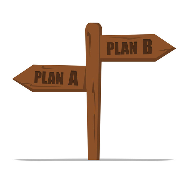 Plan A and plan B vector isolated. Business strategy, positive and negative scenario. Wooden road pointer showing different directions. - Vector, Image