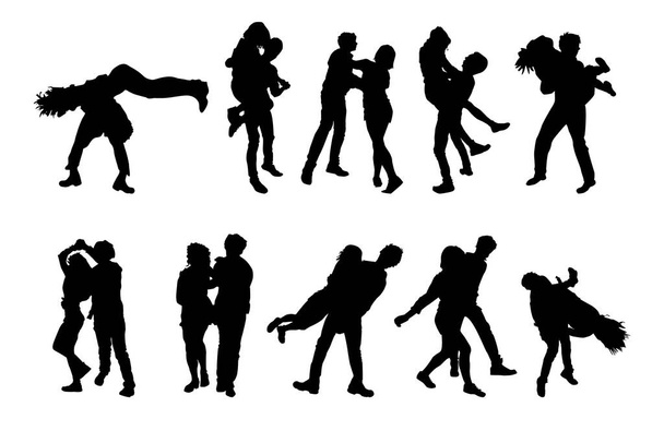 Набор танцевальных пар силуэты изолированы на белом фоне. Мужчины и женщины на свинг, джаз, Линди хоп, уличные танцы или буги-вуги вечеринка. Молодежь танцует рок-н-ролл. Векторная иллюстрация
 - Вектор,изображение