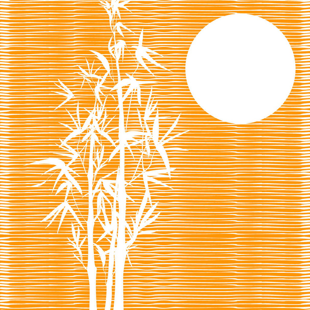 Vetor isolado tinta de bambu com folhas e ramos em um fundo laranja texturizado. Ilustração em estilo chinês e japonês, gráficos tradicionais
. - Vetor, Imagem