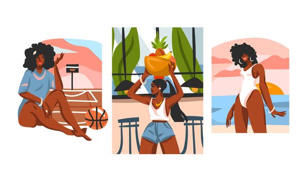 Handgezeichnete Vektor abstrakt Stock flache grafische Illustration Sammlung Set mit jungen glücklichen schwarzen afroamerikanischen Schönheit Frauen in alltäglichen Routineszenen isoliert auf weißem Hintergrund - Vektor, Bild