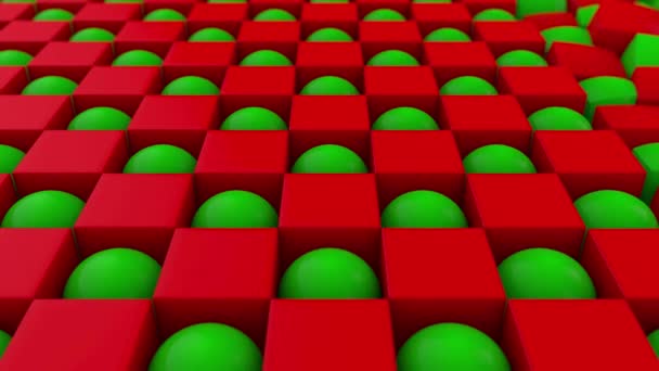 3D animatie van een geometrische achtergrond. blokjes en ballen zijn gespreid, rood en groen. Het veranderen en herstellen van het formulier. 4K abstracte achtergrond. - Video