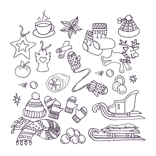 New Year element collection. Winter holiday and celebrations set. Christmas tree, decorations, gift box, soft toy, lights, stars, snow, hand drawn, vector sketch. - Vector, imagen