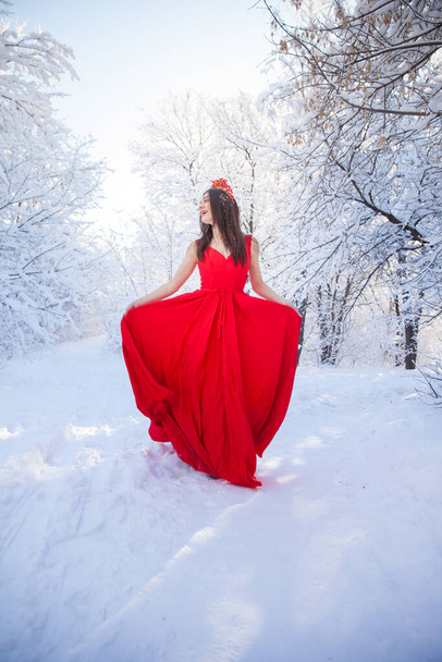 Queen in a red crown among the winter forest. Lovely girl in a - Φωτογραφία, εικόνα