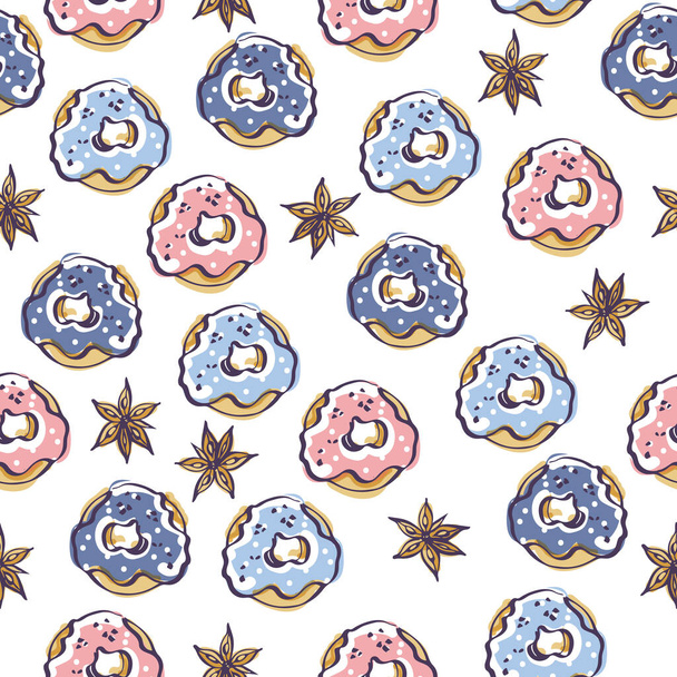 Isolated vector color sketch of seamless pattern with donuts and badyan - Vecteur, image