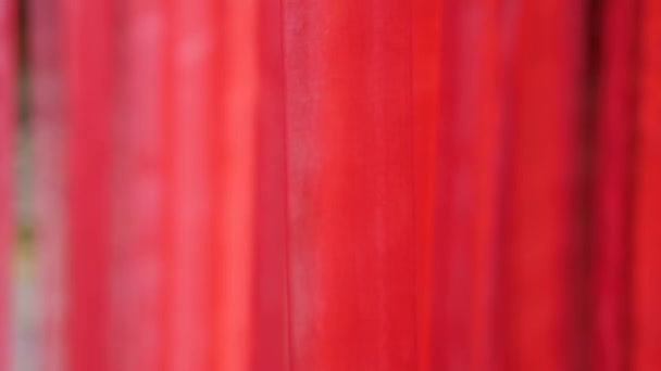 Red waving matter. Hot red decoration. Vivid red curtain blinds in room interior indoors apartment flowing in wind. Red background mantle. Romantic interior of fluttered red mantle - Footage, Video