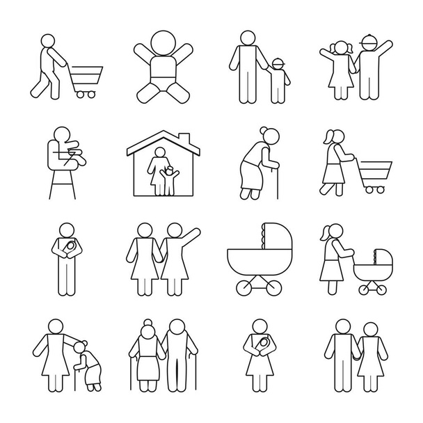 pictogram people and baby icon set, line style - Vector, Image